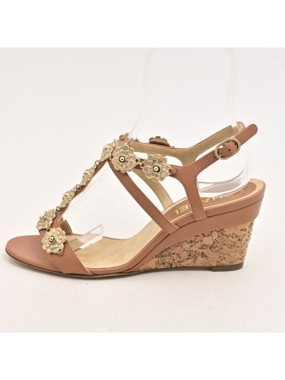 Chanel Sandals Light Brown Gold Camellia CC Logo Wedge Sole Leather